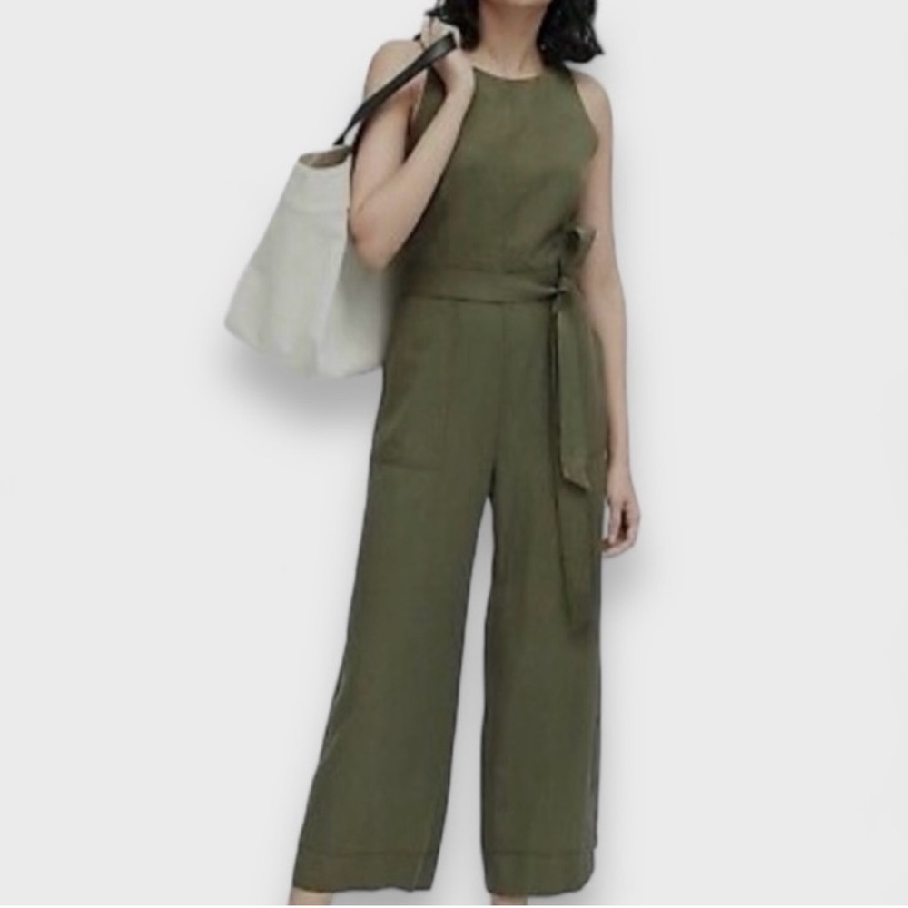 Banana Republic Cropped Wide Leg Belted Jumpsuit in Olive | Size 6P